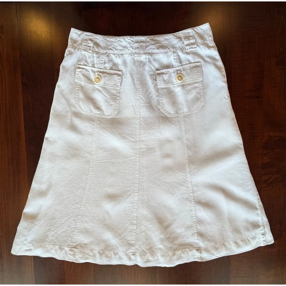 100% Linen A-Line Midi Skirt White Eddie Bauer Size Tall 6 Lined Casual Summer